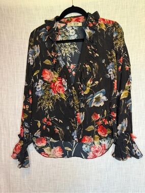 GO by GO Silk 100% Silk Black Floral Ruffle Blouse Whimsigoth Dark Academia XS